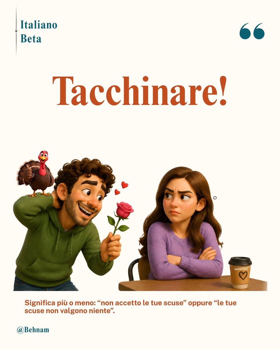 ItalianoBeta's tweet photo. 💡 Tacchinare

فعل لاس زدن تو ایتالیایی
��ه فقط لاس زدن، هر تلاشی که برای سر صحبت رو باز کردن و جذب کردن باشه ولی از نوع بد و  بیش از حدش:))))

برای معنای مثبت این حرکت میشه از Provarci con qn استفاده کرد! https://t.co/kaSAKmd1NG