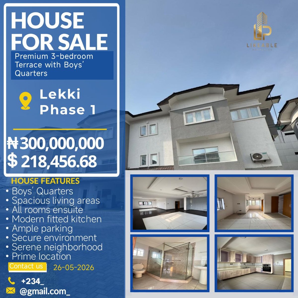 likeable2023's tweet photo. Luxury 3-Bedroom terrace with BQ  • ₦300M

For Sale: Premium 3-bedroom Terrace with Boys’ Quarters, located in a secure and serene environment

📍 Location: lekki phase 1, right side
💰 Price: ₦300,000,000
Title: Governor’s Consent · Building Approval https://t.co/MnS1rdA4IO