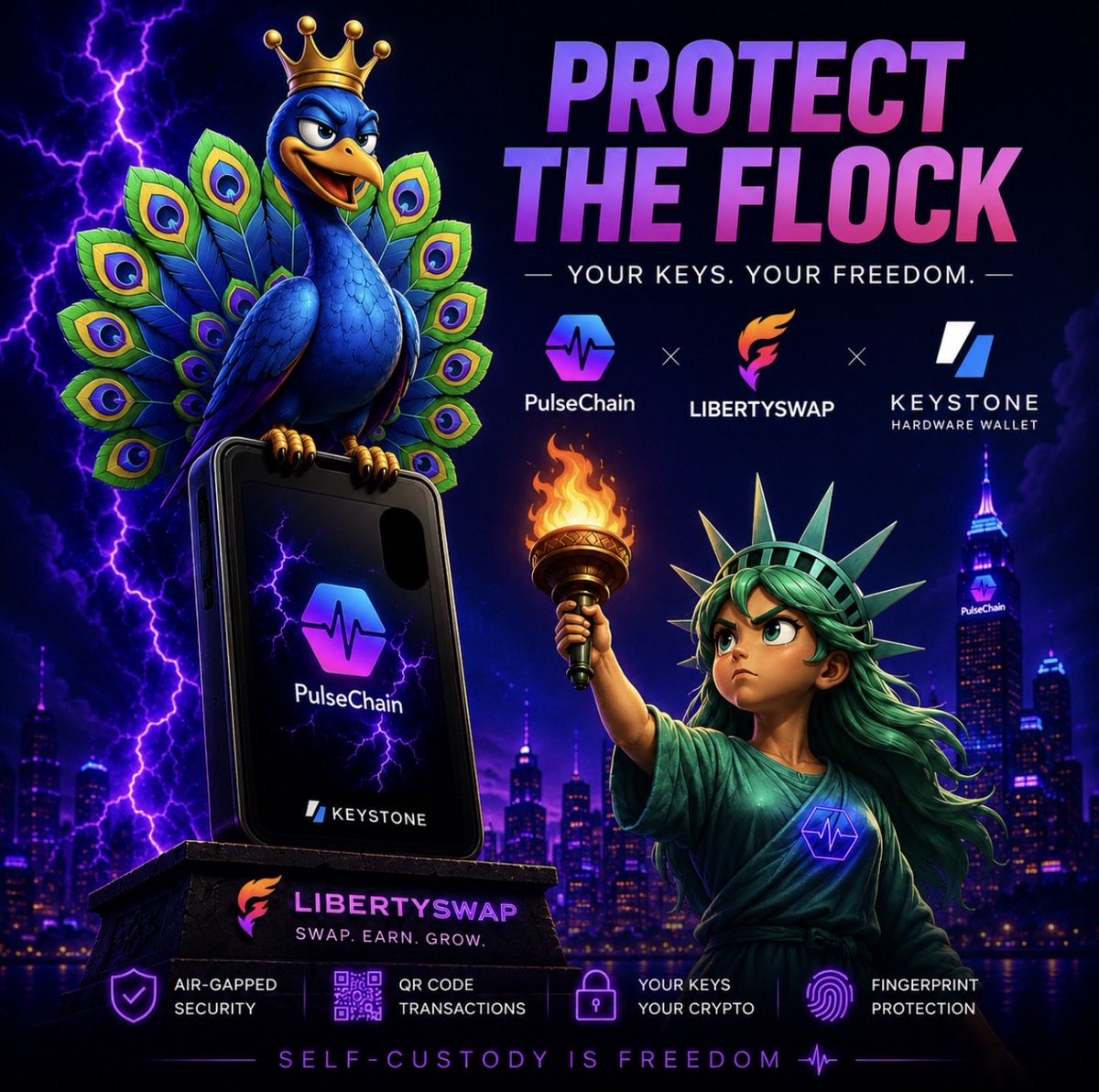 KittyHawkCrypt1's tweet photo. From meme’s to infrastructure 
LibertySwap 🗽 keeps protecting the flock 🦚 🔐 

Thanks for teaming up 
@LibertySwapFi and 
@KeystoneWallet 🤝 
$PCOCK $PLS $PLSX $HEX https://t.co/TI1lSoxA7C