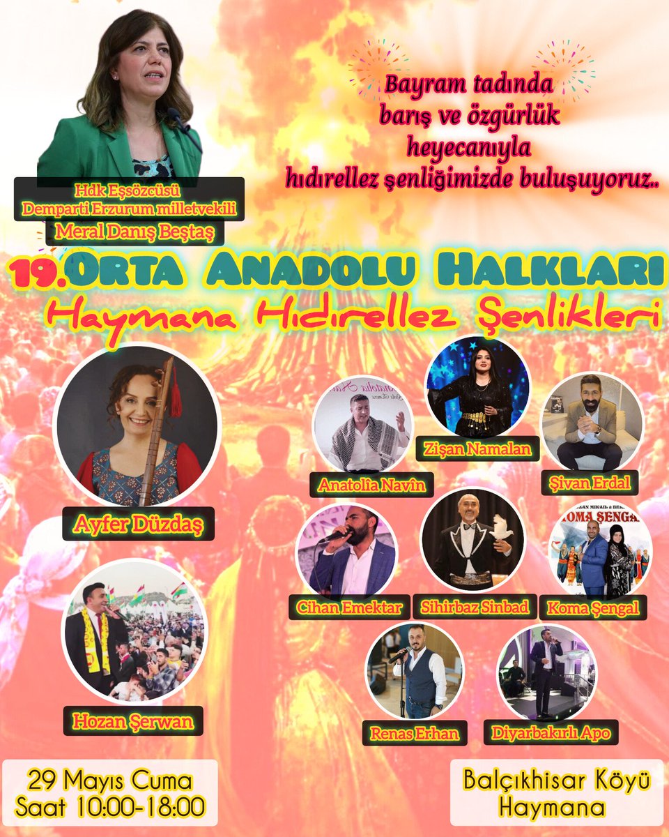 DEMankara's tweet photo. DEM Parti Ankara İl ve ilçe örgütleri olarak, bayramın 3. gününde Haymana Balçıkhisar beldesinde yapılacak geleneksel Hıdrellez şenliğine tüm partililerimizin ve parti dostlarımızın katılımını bekliyoruz. https://t.co/1mGGAsdcHV