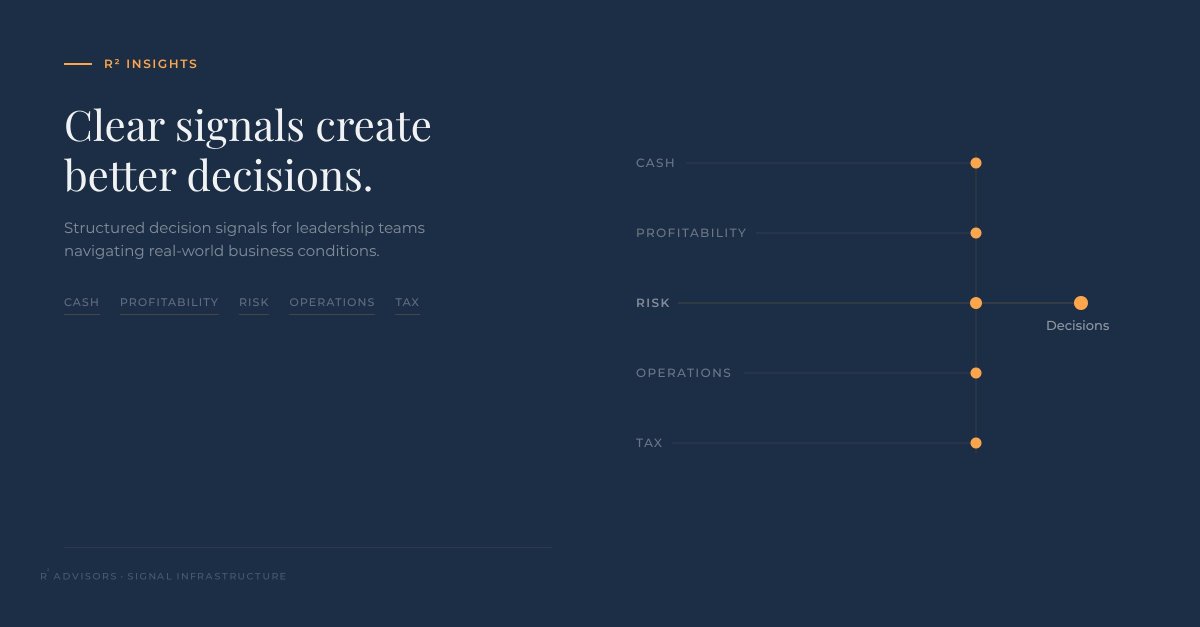 R2CPA's tweet photo. No alarms. Just normalization.  
That’s why we built R² Insights.  
Clean, structured signals in:
Cash • Profitability • Risk • Operations • Tax • Advisory  
Each one hits the same format:  
Current state (what changed)  
Decision impact  
What to do + watch next
Want to see what these quiet signals look like in real numbers?

Drop a comment below or message us if you’d like examples from your industry.