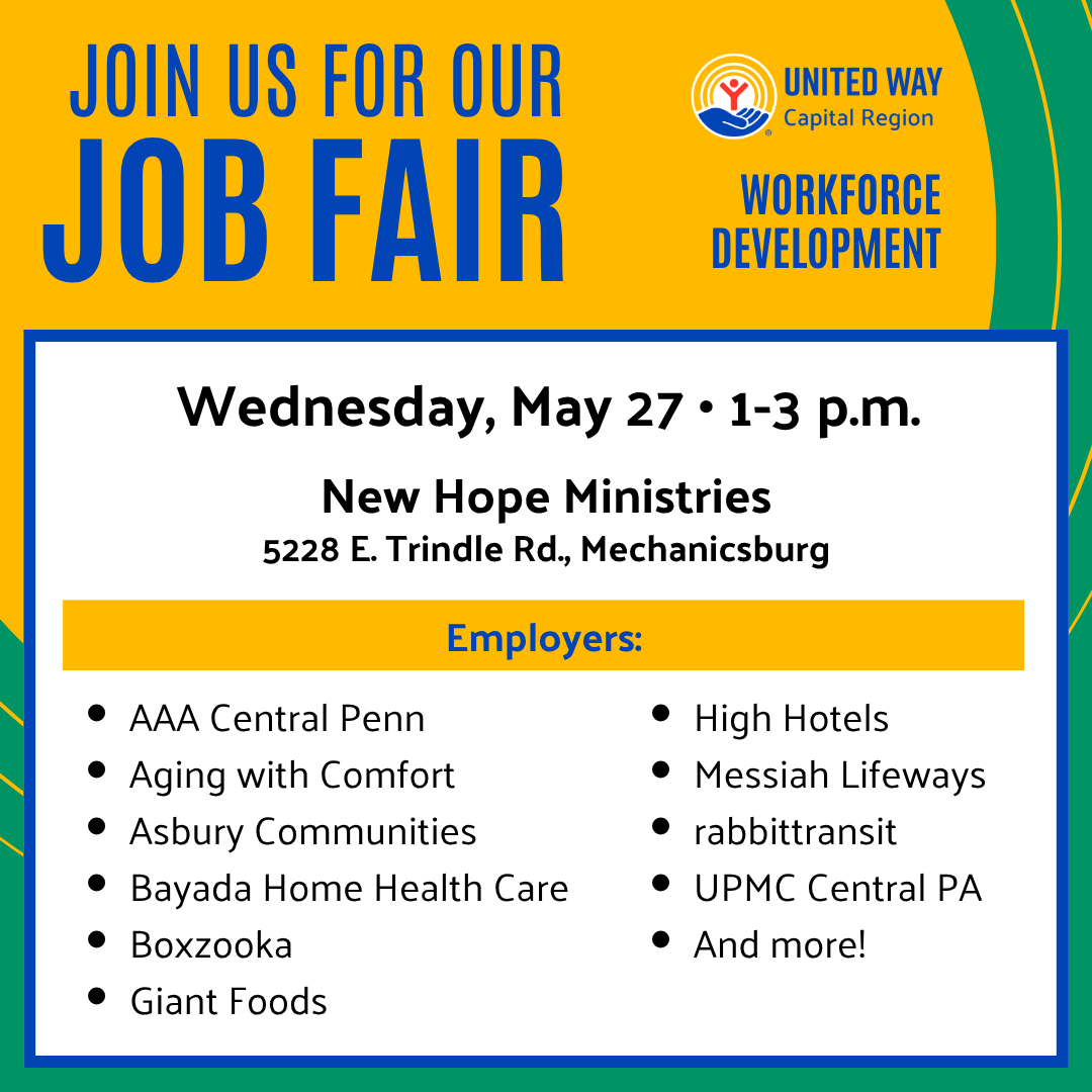 UnitedWayCapReg's tweet photo. Looking for a job? Our workforce development program is holding a job fair TOMORROW May 27 from 1-3 p.m. at New Hope Ministries in Mechanicsburg. See you there!
 #unitedway #workforcedevelopment #jobs https://t.co/buN3An4KAT