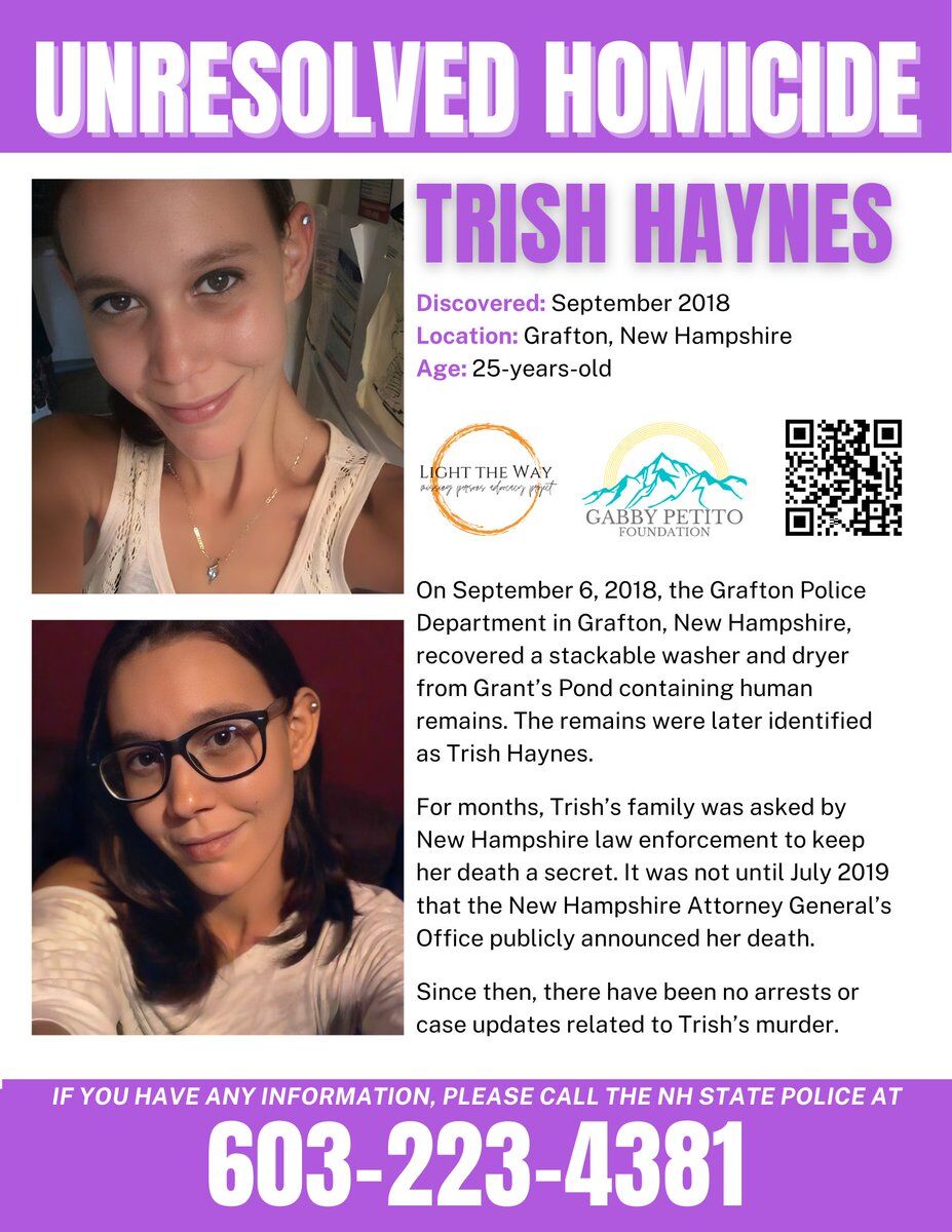 LightTheWay22's tweet photo. On Sept 6, 2018, Grafton, #NewHampshire PD recovered a stackable washer and dryer from a pond containing human remains later identified as #TrishHaynes. There have been no arrests. If you know anything, please call NH State Police at 603-223-4381. #TipTuesday #NHUnsolved https://t.co/kS32xkHlOw