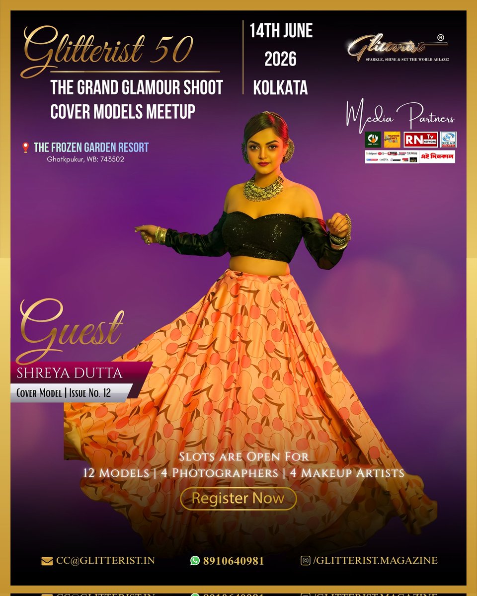 GlitteristMag's tweet photo. We are excited to welcome Shreya Dutta as a Special Guest at
✨ Glitterist 50: The Grand Glamour Shoot &amp; Cover Models Meet-up ✨

📲 Register Now: 8910640981

#Glitterist50 #GlitteristMagazine #FashionShoot #KolkataFashion #CoverModel https://t.co/i0gFA5Q551