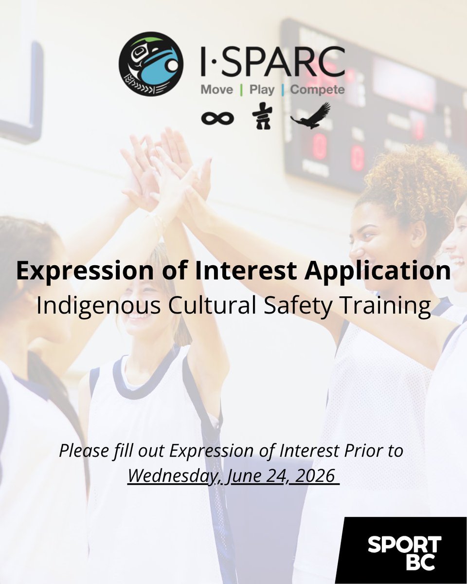 SportBC's tweet photo. Indigenous Cultural Safety Training is now open for Expressions of Interest for the sport, recreation, and physical activity sector across BC. Be sure to state your preferred training date and location.

EOI deadline: June 24 2026. Fill out the form today: https://t.co/G211xiaLzv https://t.co/AK79kdKOSU