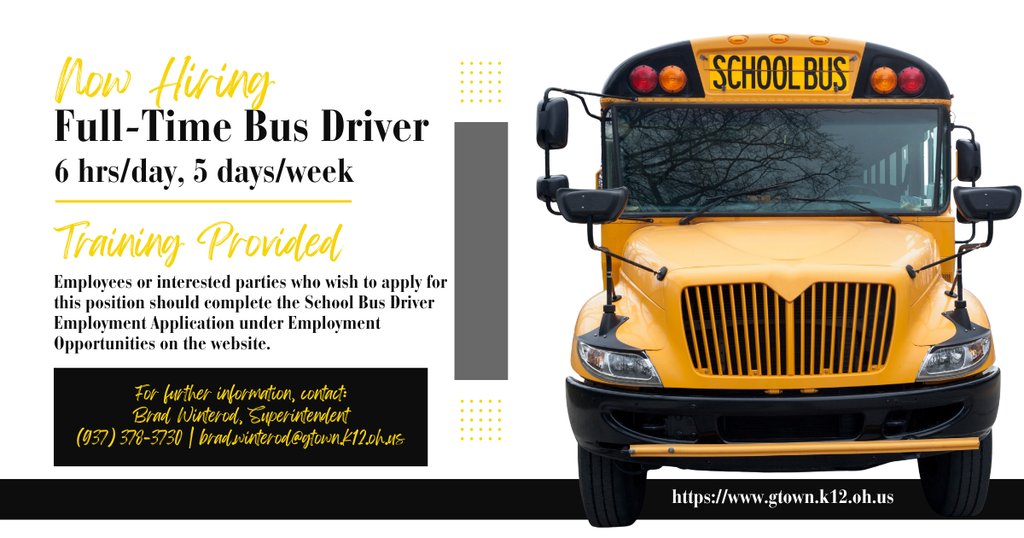 GEVSD's tweet photo. Be the first friendly face our students see every morning! Stop by our website to fill out an application and help us keep the wheels on the bus going 'round and 'round! #IgniteInspireInstill https://t.co/g7WqYCv00S https://t.co/vssFZ0d0ZX