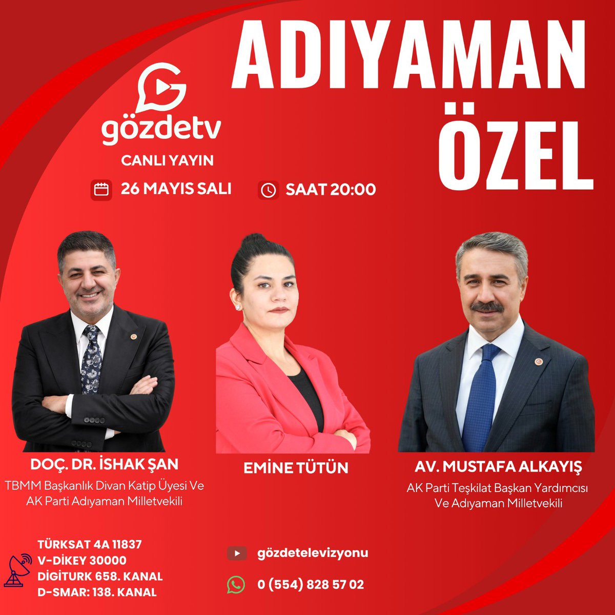 MustafaAlkayis's tweet photo. #GözdeTV ekranlarında program yapımcısı, gazeteci Sayın Emine Tütün’ün sunduğu “Adıyaman Özel” programına Milletvekilimiz Sayın İshak Şan ile birlikte konuk olacağız.

Şehrimize dair yürütülen çalışmalarımızı, Adıyaman’ımızın geleceğine ilişkin hedeflerimizi ve gündeme dair değerlendirmelerimizi paylaşacağız.

Kıymetli hemşehrilerimizi ekran başına bekliyoruz.