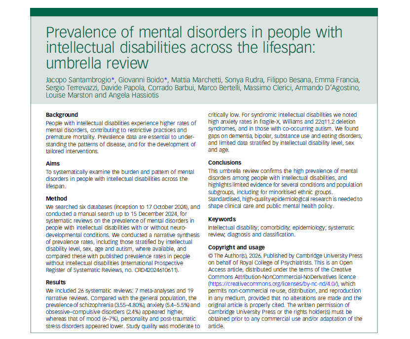 MarstonLouise's tweet photo. Prevalence of mental disorders in people with intellectual disabilities across the lifespan: umbrella review https://t.co/N43OXWz3eZ @likahassiotis @UCL_PCPH https://t.co/c7Lbb3LpZ9