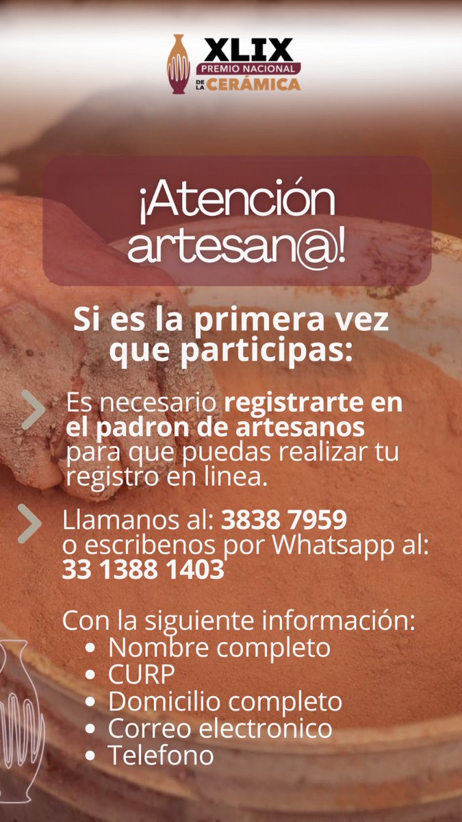 DGINDDECULT's tweet photo. Ya está abierta la convocatoria para participar en el XLIX Premio Nacional de la Cerámica 2026. 
Consulta la convocatoria completa en el siguiente link: https://t.co/YlhY8NK8sy. 👈🏻
¡Participa! 🙌🏻
#PremioNacionalDeLaCerámica #CerámicaMexicana #ArtesanasYArtesanos #Cultura #Arte https://t.co/BHOe7e2tsi