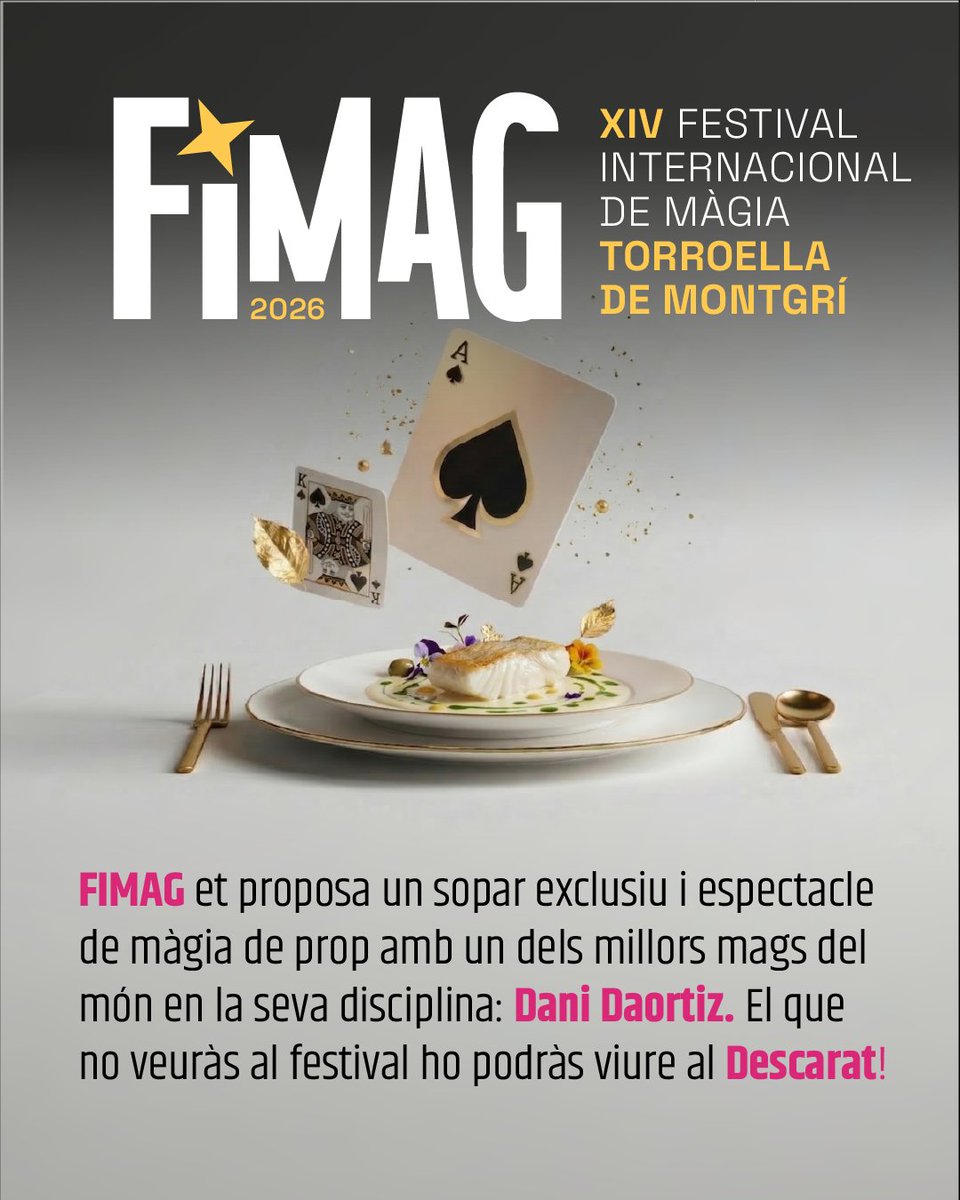 fimagmagia's tweet photo. 🤩 Vols viure una experiència realment màgica? 
El dijous 4, a les 21 h, a el El Descarat t’ofereix combinar un sopar deliciós i, després, un espectacle de màgia de prop amb Dani Daortiz, un dels millors artistes del món en la seva disciplina.

🫵 Reserva: https://t.co/hIpQXWQPCN https://t.co/OjelWdqrIx
