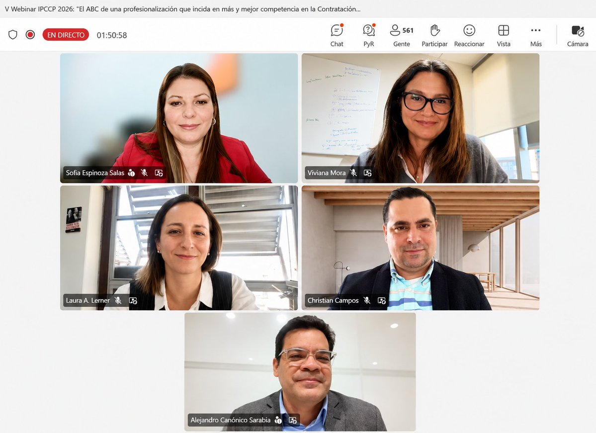 ChileCompra's tweet photo. Más de 560 personas participaron esta mañana en el V Webinar del Instituto de Profesionalización en Competencia y Contratación Pública (ICCP):
“El ABC de una profesionalización que incida en más y mejor competencia en la Contratación Pública”.
Participaron representantes de Iberoamérica, Centroamérica y Sudamérica. En representación de Chile expuso Viviana Mora, jefa del Depto. de Gestión y Participación de Proveedores de #ChileCompra.