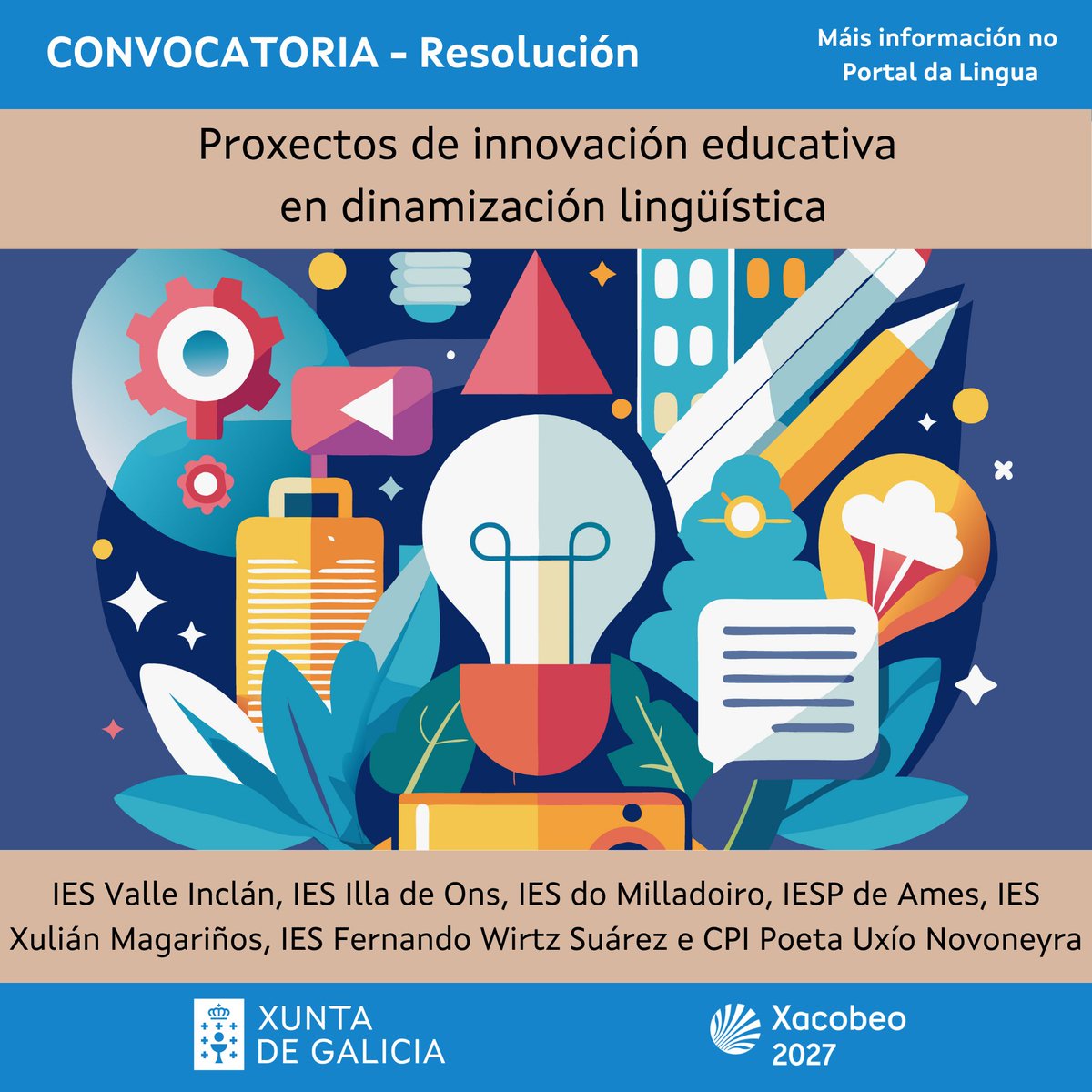 SXPL's tweet photo. 📋 Palabra no tempo, ArgaQuest, Πilleite! Reto matemático en galego, Trebellos con voz e Bingo #SoManolo, proxectos aos que se lles recoñece a consideración de excelentes, na convocatoria de innovación educativa en dinamización lingüística 🏆👏👏👏

👉 https://t.co/0Dck5nL1IB https://t.co/CTpJHtE5mi