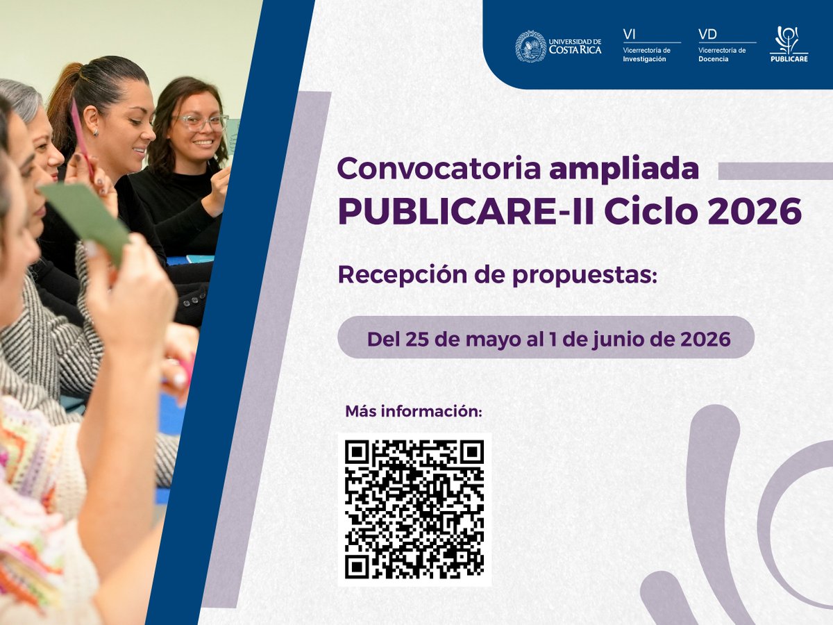 Portal_Invest's tweet photo. La Vicerrectoría de Investigación anuncia que el periodo de recepción de postulaciones se ha ampliado. Las recepciones serán del 25 de mayo al 1 de junio de 2026. Consultas al correo: tatiana.aguiarmontealegre@ucr.ac.cr
Más información: https://t.co/teGRAd7RSp https://t.co/JTOAsw1JKS