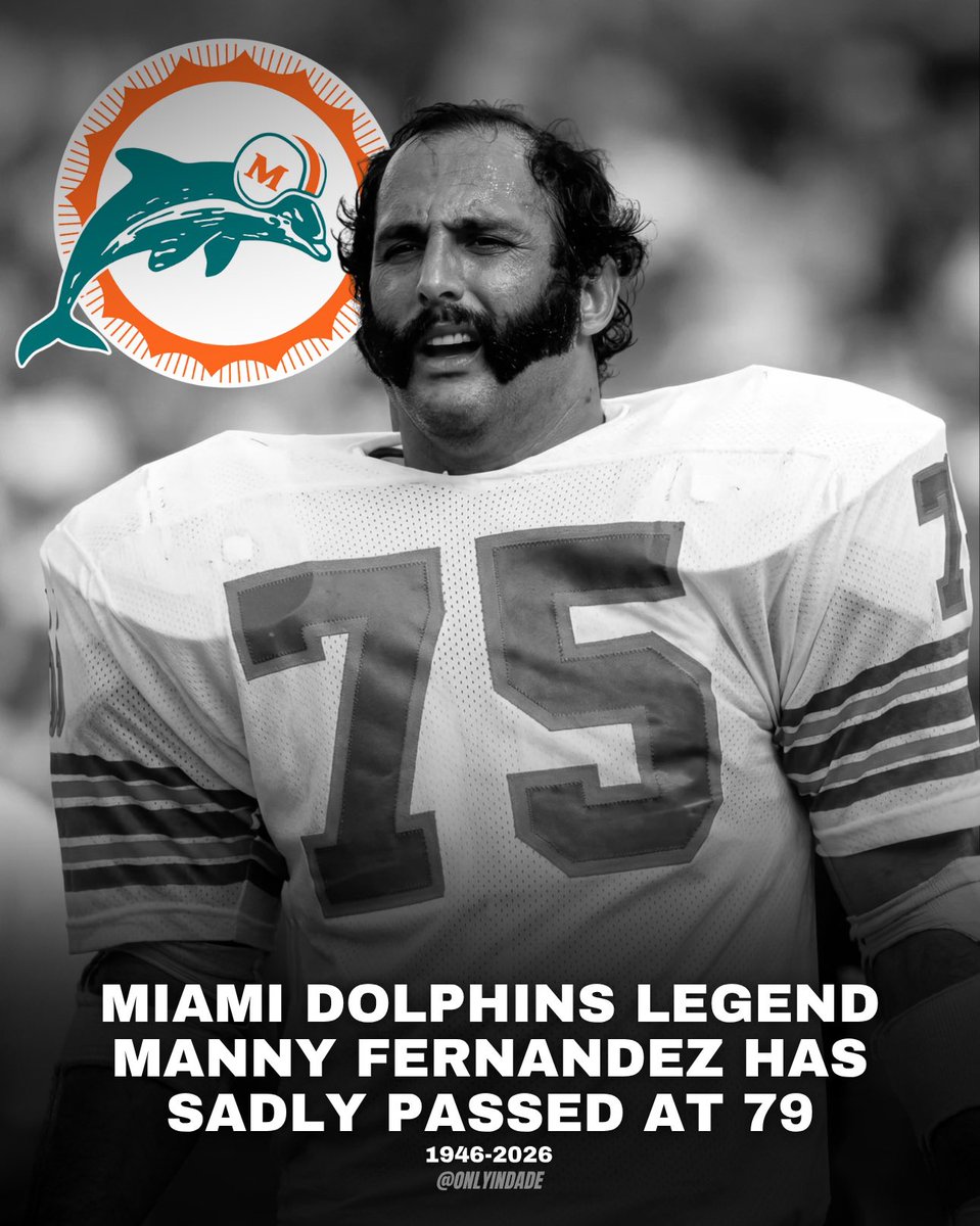 ONLYinDADE's tweet photo. Rest in peace to a true Miami Dolphins legend, Manny Fernandez. 🐬 Keepers of the perfect season will never forget the heart, grit, and dominance he brought to the field. 79 years of a life well-lived, and a legacy that will live on forever in South Florida. Sending love and prayers to his family and the entire Fins community. 🤍 | #ONLYinDADE