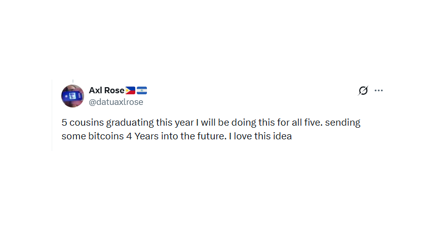 bc1q21's tweet photo. Love this. 👏

That’s exactly the kind of real-world use case we envisioned when building bc1q21.

Imagine being the cousin that sends each graduate a Bitcoin gift they can’t touch for 4 years… and then one day, out of nowhere, they remember:
“Holy crap… I’ve got Bitcoin waiting for me.”

Not just a gift.
A forced savings account.
A future memory.
A lesson in patience and long-term thinking.

Most people spend graduation money in a weekend.
You’re potentially changing financial futures.

Bitcoin time-locked giving.
Not custody. Not a wallet. A tool for sending Bitcoin into the future.

Smart Contract Giving powered by bc1q21
https://t.co/GNImtxatwP