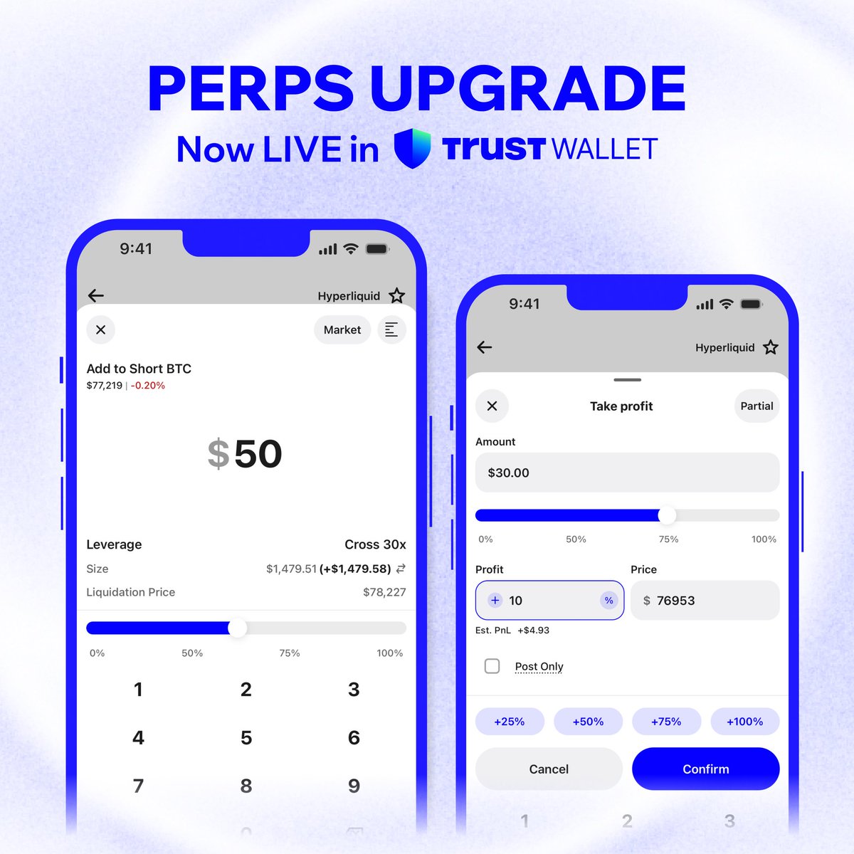 TrustWallet's tweet photo. Perps inside Trust Wallet just levelled up 🚀

→ Partial Close
→ Partial Take Profit/Stop Loss (TP/SL)
→ Add position

Trust Wallet 🤝 Traders https://t.co/OPcb0Oyyg1