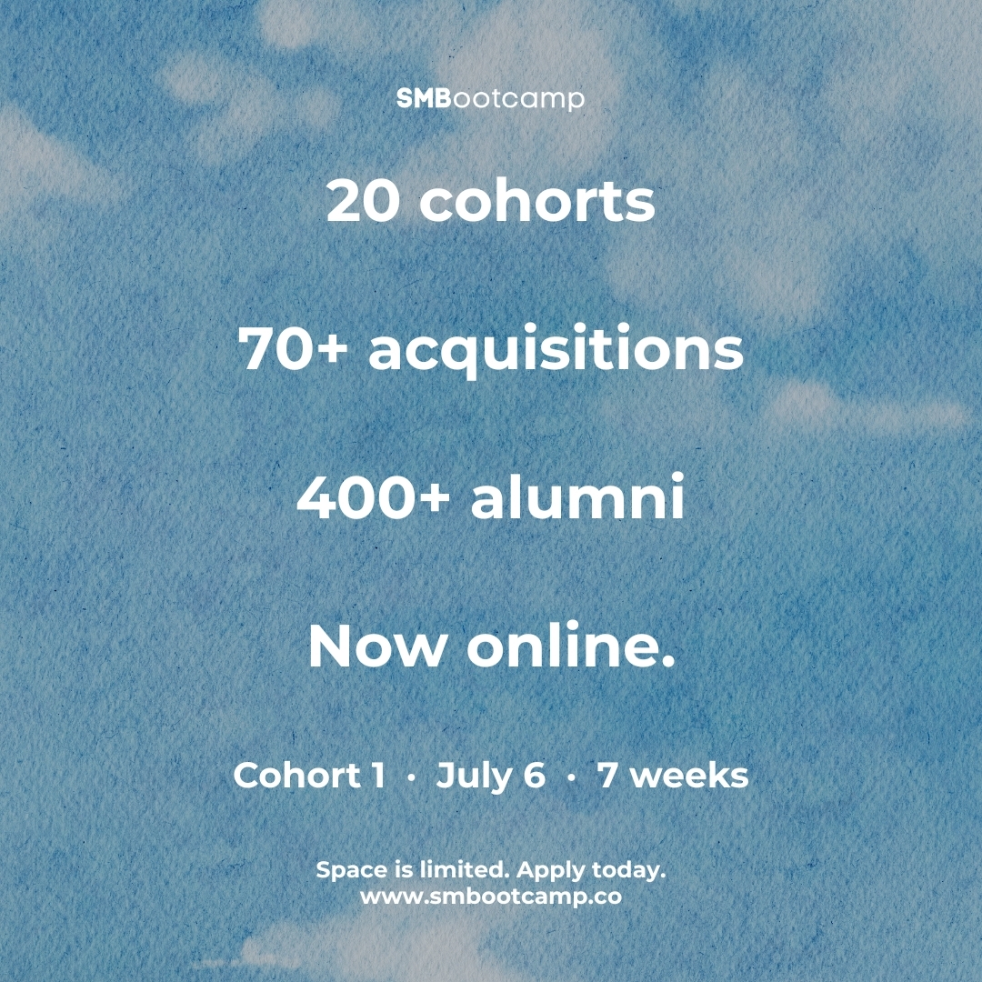 Sam_Rosati's tweet photo. Our flagship in-person bootcamp is now online.

Same curriculum. Same Deal Team. Same playbook.

7 weeks, fully remote. Cohort 1 starts July 6.

20 cohorts, 70+ acquisitions, and 400+ alumni taught us what works. Cohort 1 of LIVE—Online brings it to you. https://t.co/sexaZrTWR3