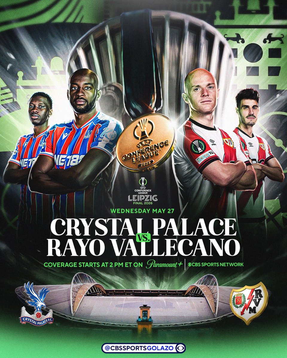 CBSSportsGolazo's tweet photo. Crystal Palace and Rayo Vallecano face off at Leipzig Stadium for their first major European final 🏆

Coverage of the UEFA Conference League Final starts tomorrow at 2 pm ET on @paramountplus and @CBSSportsNet 📺 https://t.co/kRaXfXSe3m