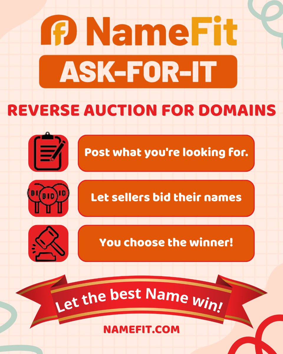 namefit1's tweet photo. π― Reverse Auction for Domains!
#AskForIt
The domain you need, at the price you set.
How it works:
1- Post what you're looking for.
2- Let sellers bid their names.
3- You choose the winner!
π Ready to find your perfect domain? Get started today!
β‘οΈhttps://t.co/LK3cKryKBy
#domain #domainname #domainnames #domainsale #domainsforsale #premiumdomains #domainFORsale #domaininvesting #domainnameforsale #domainbroker #sale #domainer #selldomains #buydomain