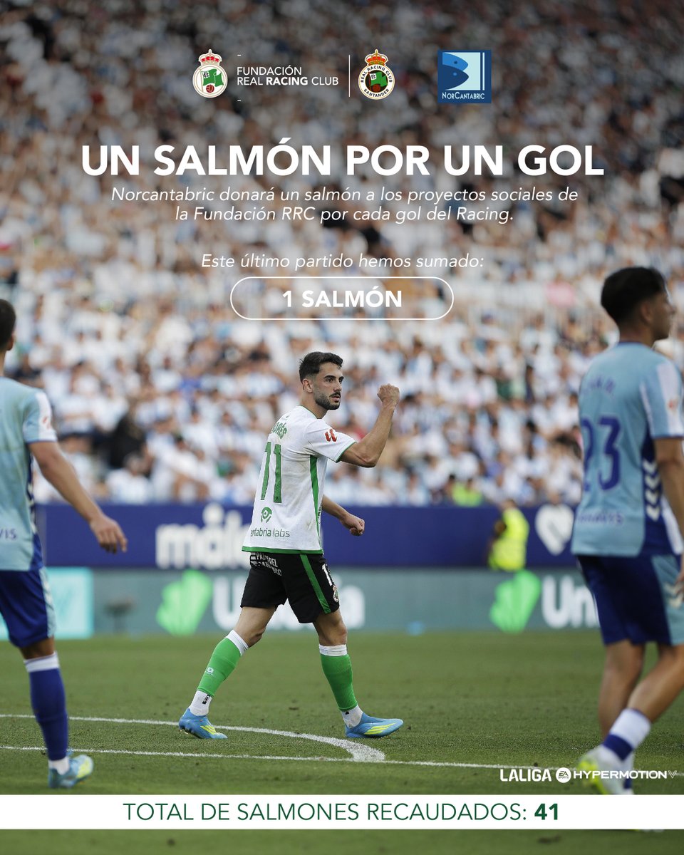 RacingFundacion's tweet photo. 🐟 Un salmón por un gol.

El tanto ante el Málaga CF se convierte en un salmón donado por @norcantabric para seguir impulsando la labor social de la #FundaciónRRC 💚🐟🙌 https://t.co/39oUuJznxn