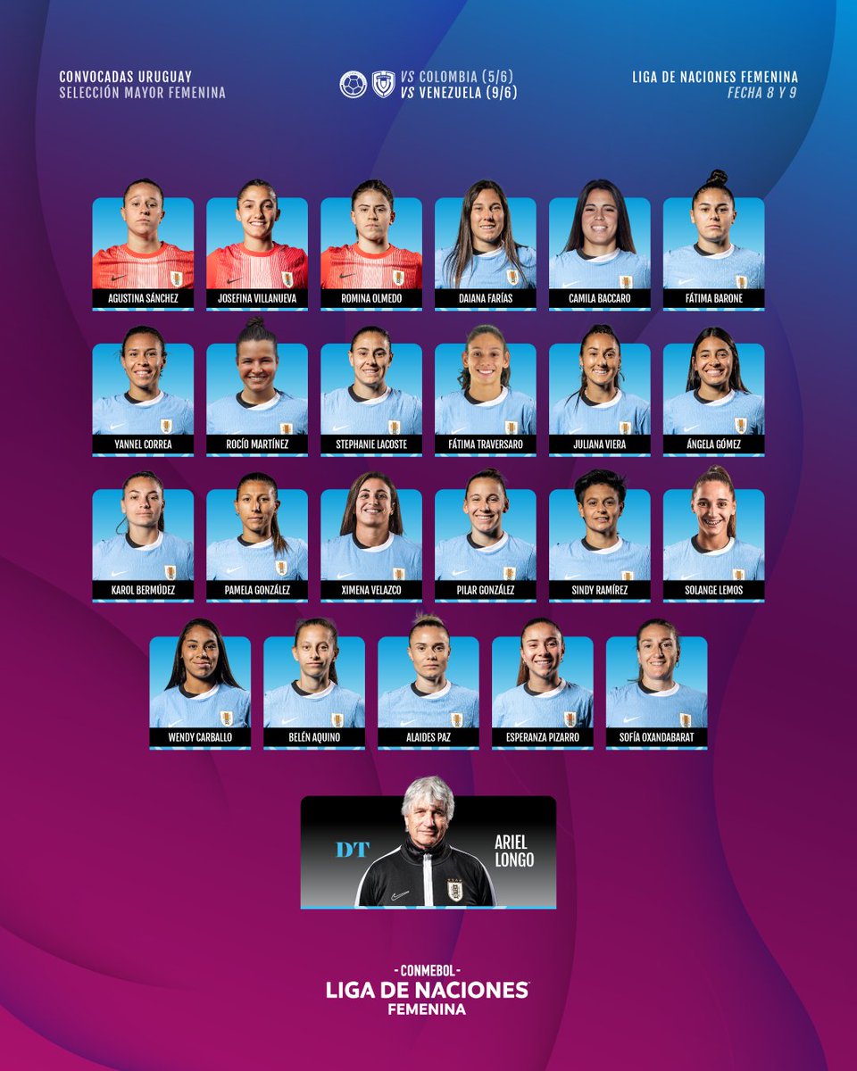 AUFfemenino's tweet photo. 🇺🇾 𝗘𝗹𝗹𝗮𝘀

El entrenador Ariel Longo convocó 23 futbolistas para enfrentar a Colombia y Venezuela en la Conmebol Liga de Naciones Femenina. 

#ElEquipoQueNosUne https://t.co/TtUQyjVU2D
