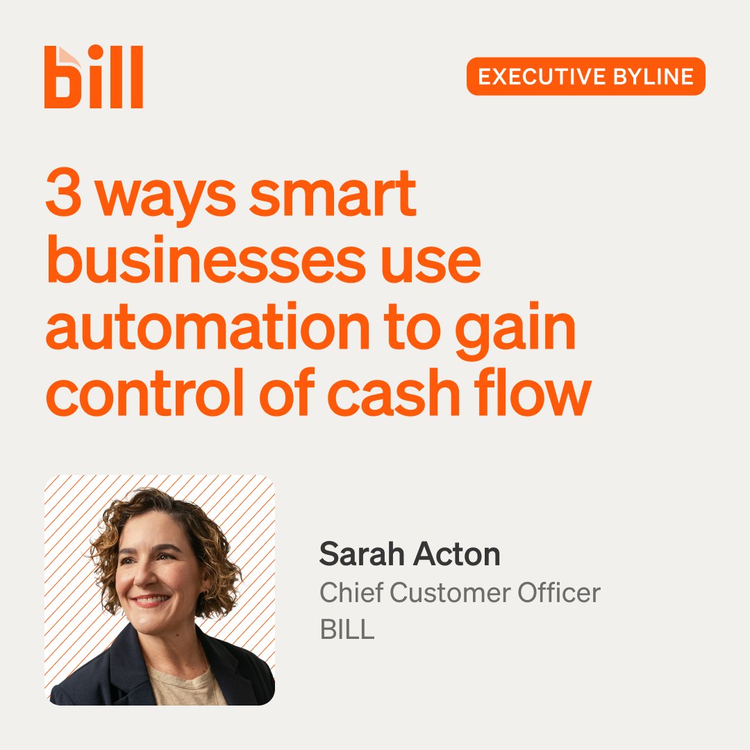 billcom's tweet photo. BILL CCO Sarah Acton reviews three ways businesses can use automation to take control of their cash flow, featuring real stories from BILL customers @Bombas, @RubinoCompany, and @SHPbeds. https://t.co/PYKnOsyIW3 https://t.co/bDynynOHuR
