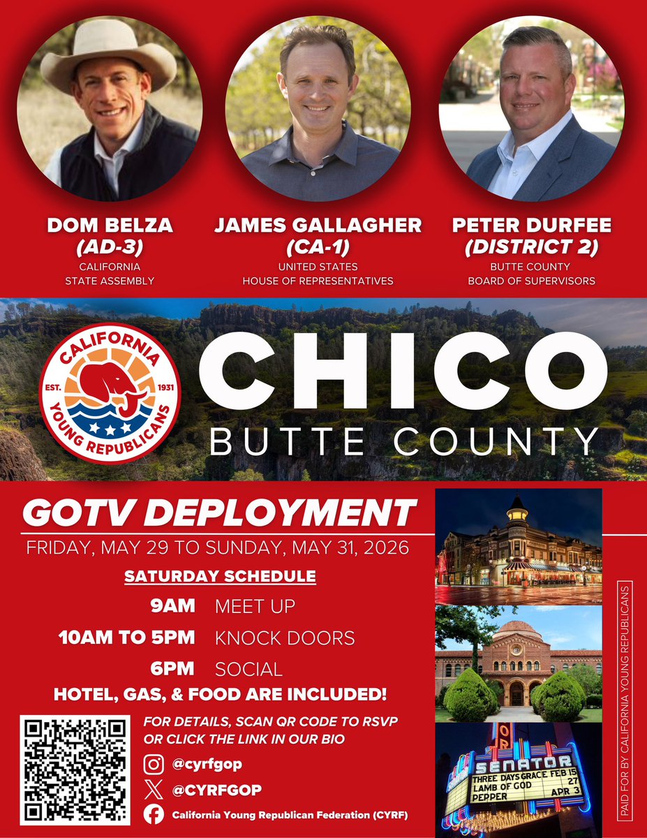 CYRFGOP's tweet photo. Want to make an impact? Join us this Saturday in Chico for a statewide deployment to support @J_Gallagher4CA in both the special &amp; primary election for CD1. Hotels, meals, gas reimbursements, &amp; carpools provided. 
RSVP here -> https://t.co/ZxQdC9p4IZ https://t.co/Ja4AlEW3xu