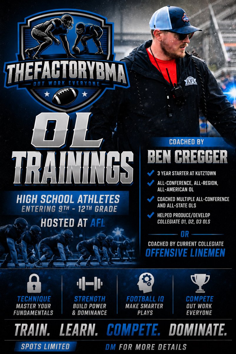thefactorybma's tweet photo. Attention OL athletes entering 9th-12th grade 👀

Looking to develop your craft before the season? 

Take your game to the next level with focus on 
💥 Technique
💥 Footwork
💥 Hand Placement
💥 And More 

DM for details and to lock in your session

#Outworkeveryone #Football https://t.co/spCh83qGuR