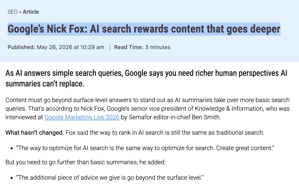 gaganghotra_'s tweet photo. Googler Nick Fox - "AI search rewards content that goes deeper" #SEO 👀 

https://t.co/3kBYOT3PdO https://t.co/6XhZfIiEDC