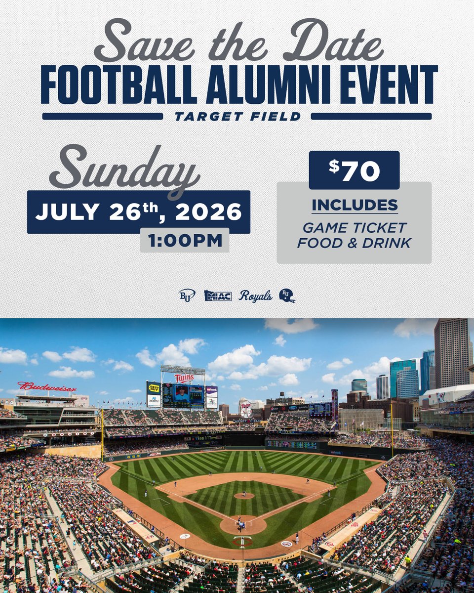 BethelRoyalsFB's tweet photo. Calling all Alumni!

Come connect with your old teammates and coaches while enjoying a Twins game at Target Field! The Bethel Football Alumni event will be July 26th and the $70 cost covers both your ticket and food/drinks at the game. Register here ➡️ https://t.co/HJnPbctcxg https://t.co/int4hJcLxn