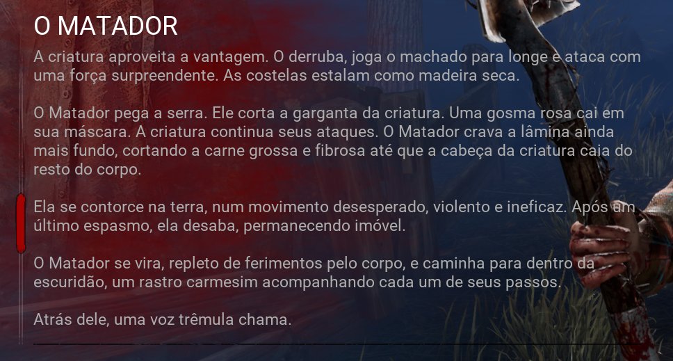 DicasByDaylight's tweet photo. A bio do Jason é ele brigando na mão com o desconhecido, entrando no mundo da entidade e fazendo a sua primeira vítima.

"Uma jovem mulher de pele morena, com um lenço no pescoço."
[1/2] https://t.co/K5NjS4Iu8c