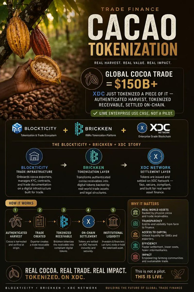 The_John_Crypto's tweet photo. Real RWA in action 🍫

XDC Network brings cacao trade on-chain

Tokenized. Trackable. Finance-ready

Read: https://t.co/Gpl4m5WjrE

@XDCNetwork #XDC #RWA #Tokenization #TradeFinance #BTC #ETH #XRP #SOL #XLM https://t.co/O0JZPtfOMW