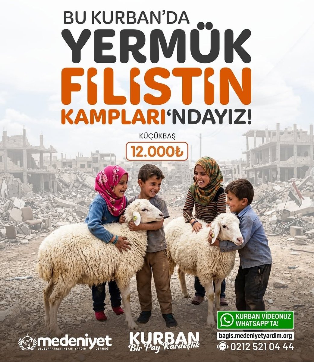 Sevkiyilmaz's tweet photo. Suriye‘deki Yermuk Kampında yaşayan 
Filistinli Muhacir mülteci kardeşlerimize 
KURBAN BEDELİ: 12.000 TL

İBAN: TR86 0021 0000 0007 2538 7000 01

HESAP SAHİBİ: Medeniyet Uluslararası İnsani Yardım Derneği

AÇIKLAMAYA YAZILACAK
NOT: Kurban-Yermuk- isim soyisminiz ve telefon numaranız.

Adınıza kesilen kurbanların video kayıtları tarafınıza ulaştırılacaktır.

BİLGİ İÇİN: 0505 013 84 44