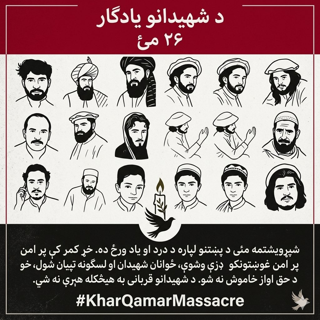 Kamran777M's tweet photo. شپږویشتمه مئۍ د پښتنو لپاره د درد او یاد ورځ ده.
خړ کمر کې پر امن غوښتونکو ډزې وشوې، ځوانان شهیدان او لسګونه ټپیان شول، خو د حق اواز خاموش نه شو.
د شهیدانو قربانۍ به هېڅکله هېرې نه شي.
#KharQamarMassacre 
@ptm_momand @1MHgXy1YrQKl5PW @mahsood_mazloom https://t.co/ym9Suw32xM