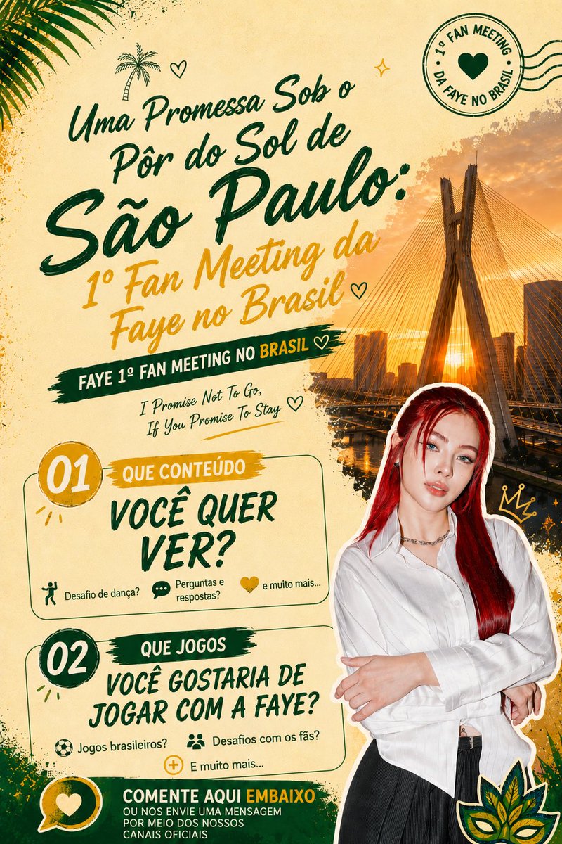 sanyansiyu29's tweet photo. Brasil… vocês estão prontos para criar memórias inesquecíveis com a Faye? ❤️‍🔥

Este fan meeting também é SEU ✨
Queremos ouvir cada ideia, cada desejo e cada momento que vocês querem viver com a Faye em São Paulo 🔥

💭 Que tipo de conteúdo vocês querem ver?
🎮 Que jogos a Faye deveria jogar com os fãs?
💃 Desafios de dança?
🫶 Interações divertidas?
🎤 Momentos especiais de perguntas & respostas?
Ou algo totalmente inesperado?

Comentem aqui embaixo e façam parte do primeiro fan meeting da Faye no Brasil 🌻💛

———————————————————

Brazil… are you ready to make unforgettable memories with Faye? ❤️‍🔥

This is YOUR fan meeting too ✨
We want to hear every idea, every wish, and every moment you want to experience with Faye in São Paulo 🔥

💭 What content do you want to see?
🎮 What games should Faye play with fans?
💃 Dance challenges?
🫶 Fun interactions?
🎤 Special Q&A moments?
Or something completely unexpected?

Comment below and let your ideas be part of Faye’s very first Brazil fan meeting 🌻💛

#faye 
#fayeperaya 
#Faye1stFMinBrazil
#ฝ้ายพีรญา