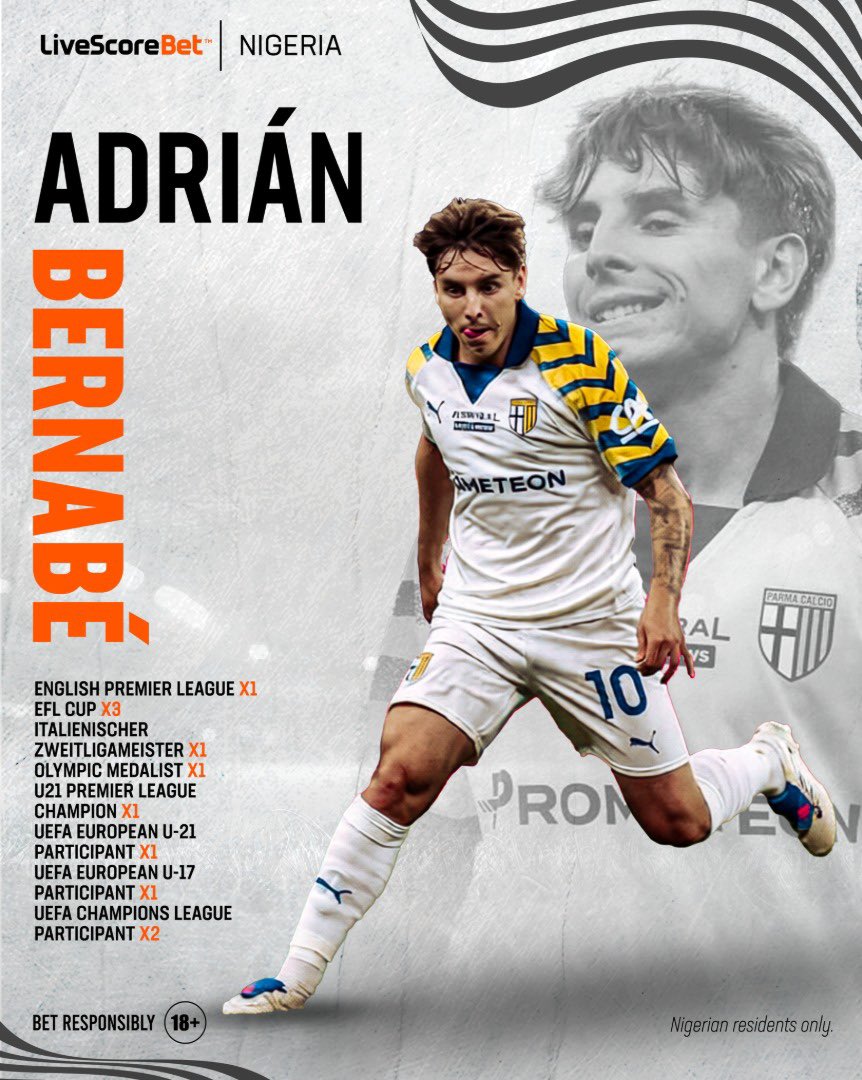LivescorebetNG's tweet photo. Happy 25th Birthday to Parma’s midfield maestro, Adrián Bernabé! 🇪🇸⚽️
⚠️ Nigerian residents only. 🔞
#18+ #PlayResponsibly #ForzaParma #Bernabe #SerieA https://t.co/7SpABRKi2p