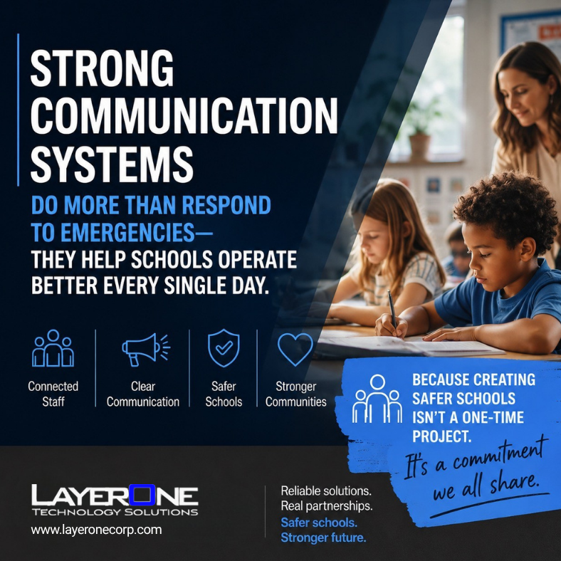 LayerOneCorp's tweet photo. We partner with school districts and parents across the DMV to deliver reliable infrastructure and mass communication solutions that support both daily operations and emergency response, without unnecessary recurring costs.

Bottom line: creating safer schools is not a one-time project.
It is a commitment we all share👉 https://t.co/HUW7OEjcXw

#edtech #dmvsafeschools #concernedparent #masscommunication #alyssaslaw