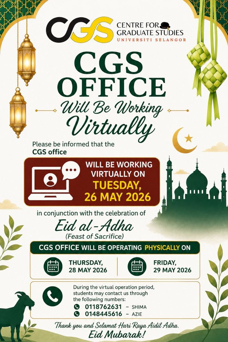 ForUnisel's tweet photo. We, the CGS community, would like to wish you
Happy Hari Raya Aidiladha 1447H / 2026 🌙

May this Aidiladha celebration bring blessings and strengthen the values of sacrifice, sincerity, and unity among all members of the university and the wider community. https://t.co/5bjA4BVjar