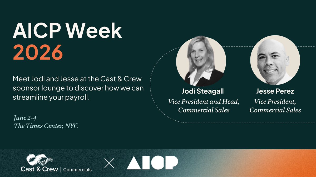 CastAndCrewNews's tweet photo. Attending next week's @AICProducers Week? Learn how our digital solutions and exceptional customer service can streamline your crew payroll: https://t.co/9I7YWtS7Po.

Schedule time with our team or swing by.

#AICPWeek #commercial #production #AICPAwards #CastandCrewCommercials https://t.co/z1mBV6JiE3