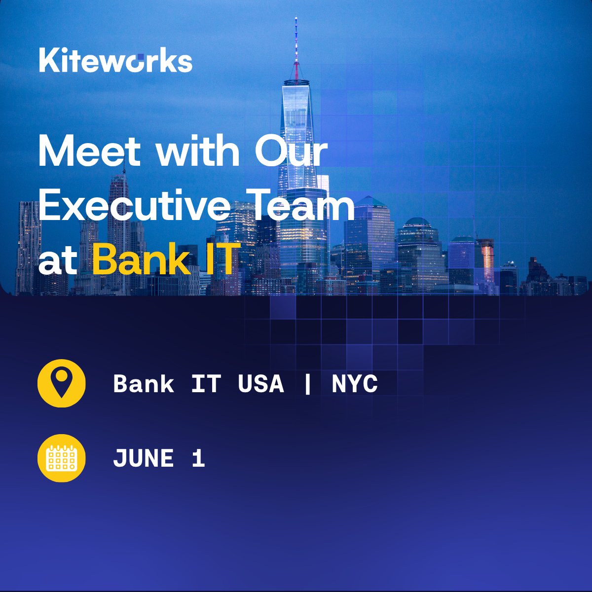 Kiteworks's tweet photo. Heading to #bankitusa on June 1st? Come meet the #Kiteworks executive team at One WTC, NYC.

Take control of sensitive financial data. Reduce risk. Strengthen #compliance. Secure how it's shared inside and outside your organization.

Schedule time with us: https://t.co/bYjaAxWJ4G https://t.co/uECr8Igf9D