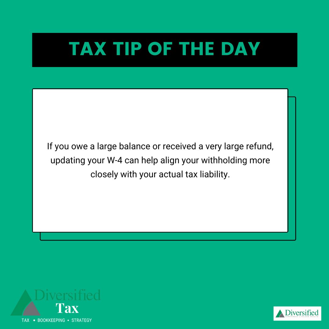 DiversifiedLLC_'s tweet photo. Tax tip Tuesday! Adjust your withholding for the rest of the year.

#tax #taxtip #taxhelp #taxexpert #taxes #taxwitholding #westchesterpa #chestercountypa https://t.co/4utnwDcMph