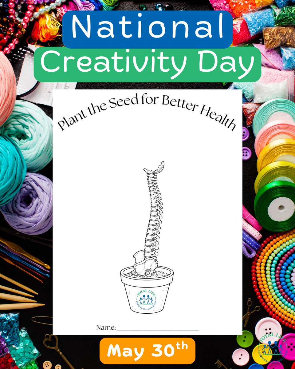 drpatrickryan's tweet photo. 🎨🌱 National Creativity Day at Total Life Chiropractic! Stop in to color a “Plant the Seed for Better Health” page for our wall—kids &amp; adults welcome! 🖍️🦴 May is Posture Month 👏 Schedule your New Patient Appointment &amp; get checked! 📞 🔗in bio! https://t.co/FMOr7Nv8uJ