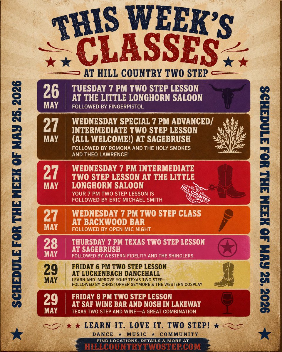 HC2step's tweet photo. Here are your upcoming classes at The Little Longhorn Saloon, Sagebrush, The Backwood Bar, Luckenbach Texas, and SAF Wine Bar &amp; Nosh! #TwoStepLessons #HillCountryTwoStep https://t.co/rhMe1zEbV8