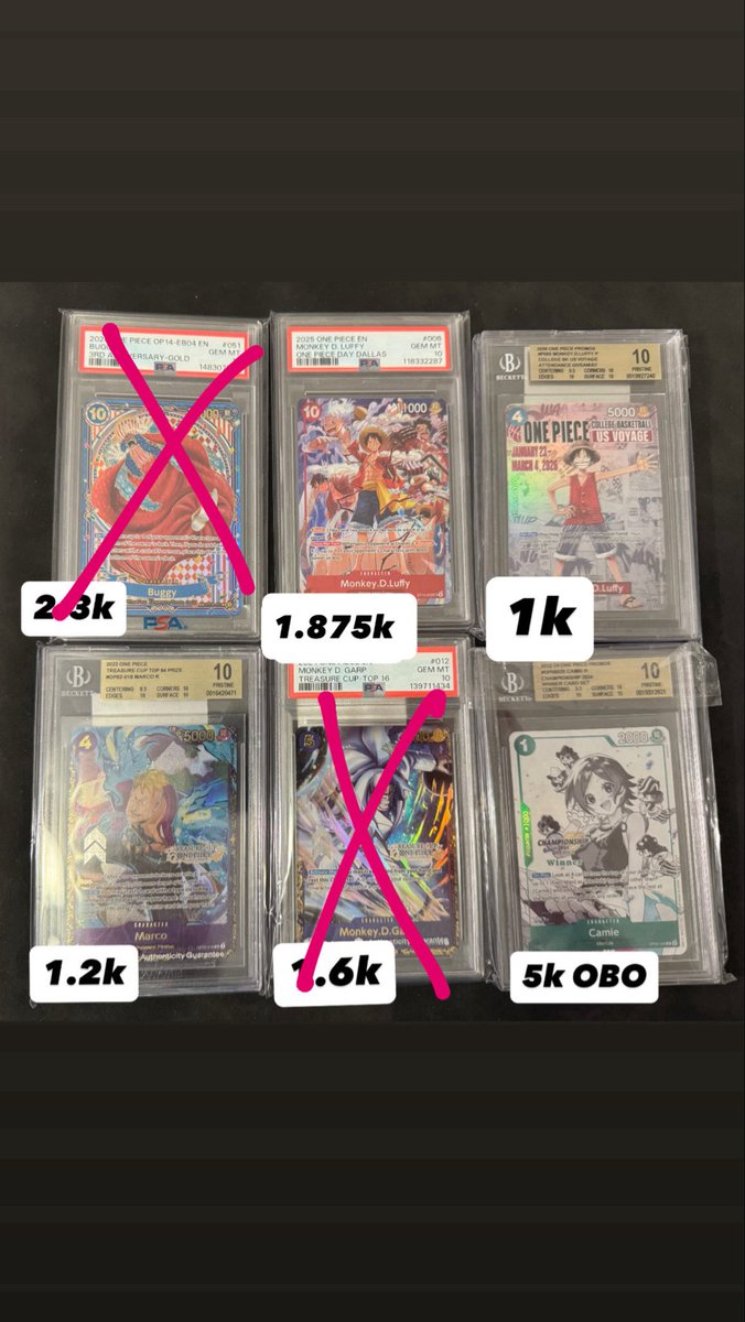 RogerBX's tweet photo. @ArnoldMoger ONE PIECE SLABS FOR SALE

Prices on picture!

Luffy dallas day psa 10 steal! Last sold 2k take mine for 1.875k shipped.

PM for more inquiries https://t.co/6CSjSpxPMJ