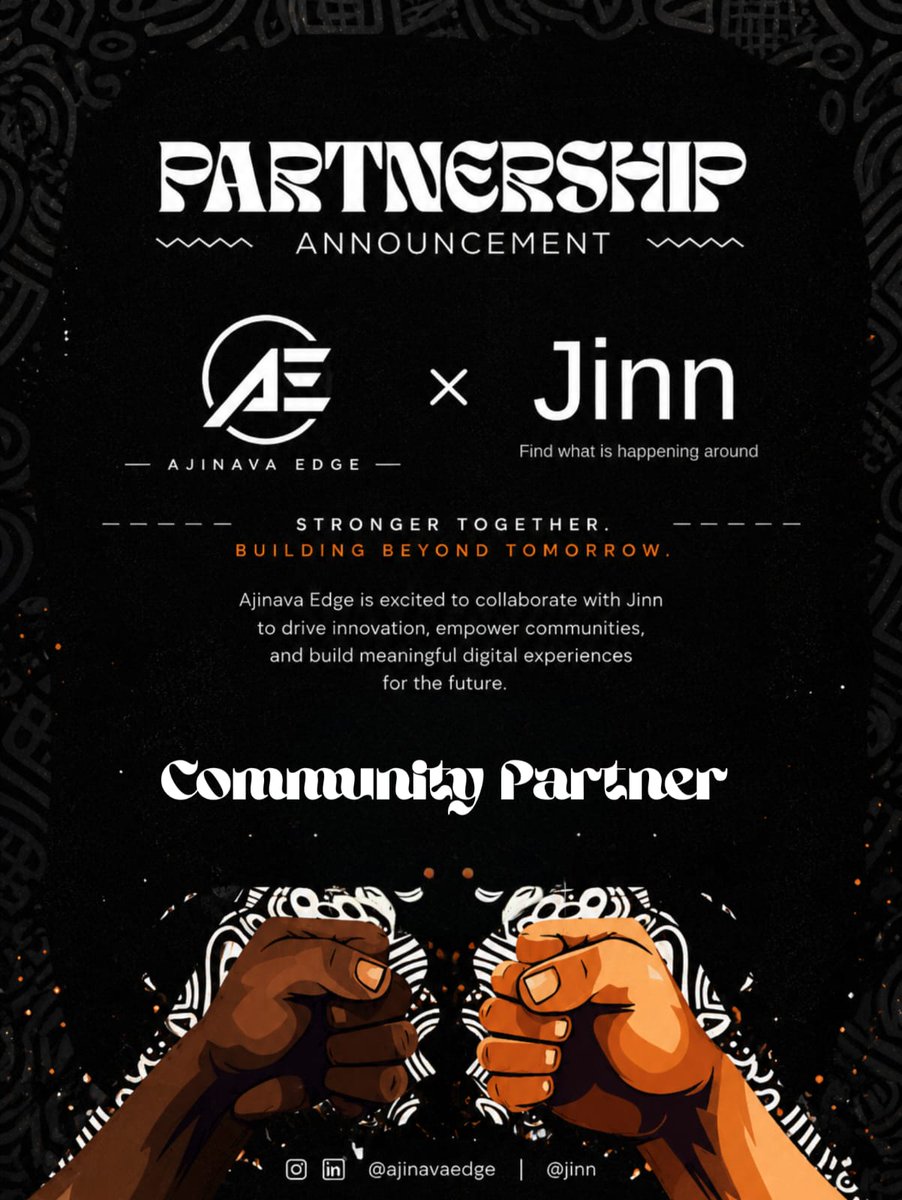 Ajinavaedge's tweet photo. Excited to announce our official partnership btwn @Ajinavaedge × @jinndotin 🤝

Together, we’re building stronger communities, driving innovation, and creating impactful digital experiences for the future.

Stronger Together. Building Beyond Tomorrow.

#AjinavaEdge #Jinn #Partner https://t.co/reXMRaXhWr