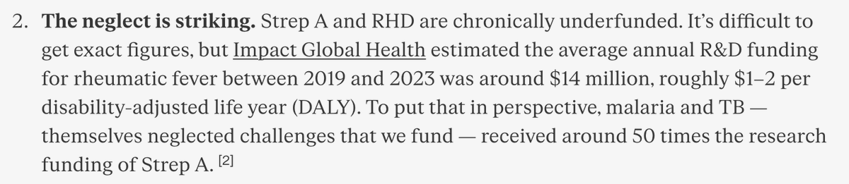 otis_reid's tweet photo. Really proud of @Kat_a_Collins and team for this launch. This fund nails each point of our importance (~639k deaths/year), neglectedness (~$1/DALY of R&amp;D, much less than malaria or HIV), and tractability (promising but stalled vaccine candidates) framework. https://t.co/UQiOUKq0f3