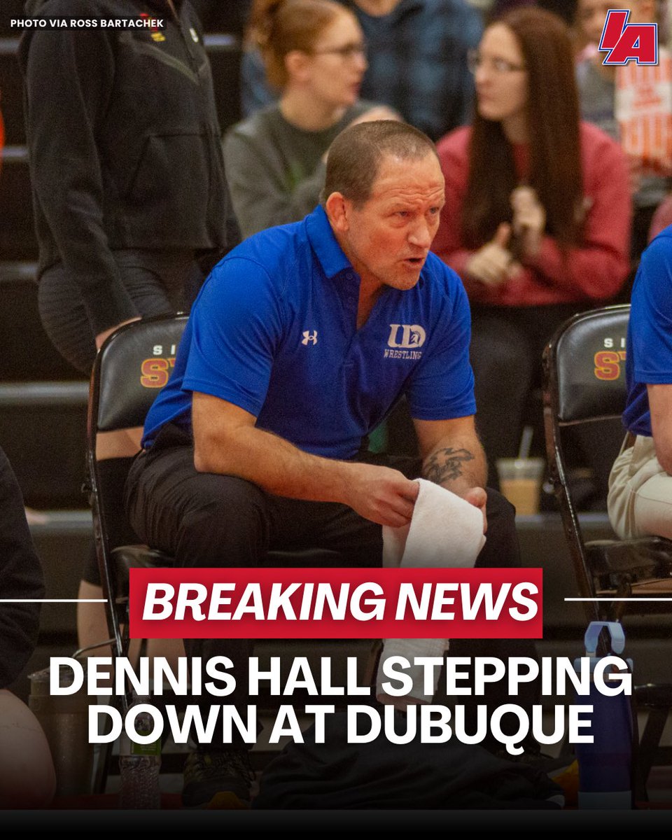 rossbchek's tweet photo. Former World Champion and three-time Olympian Dennis Hall has announced he is stepping down as head coach at Dubuque.

He helped coach Alex Horichter and Shea Reisel to All-American status for the Spartans.

Hall said he is stepping away for work-life balance. https://t.co/deWEhPfB5r