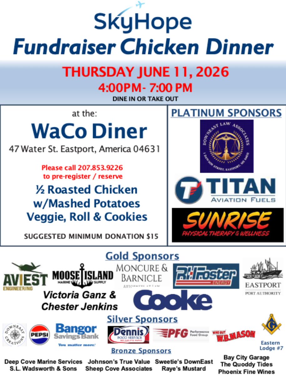 PALServices's tweet photo. Calling all pilots! ✈️ Come and join the Eastport community for a Chicken Dinner Fundraiser supporting SkyHope!
Bring your family, friends, and appetite for an evening of great food, community spirit, and support for SkyHope’s mission. https://t.co/PyFENaoTMU