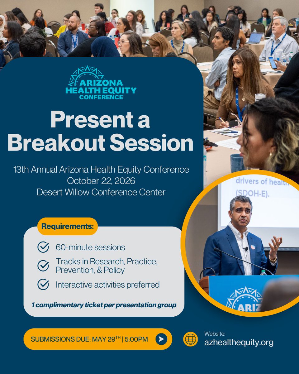 AZHealthEquity's tweet photo. Present a breakout session and share your work advancing health equity. Lead meaningful conversations and inspire change at #AzHEC26. https://t.co/MHKEps6PgS