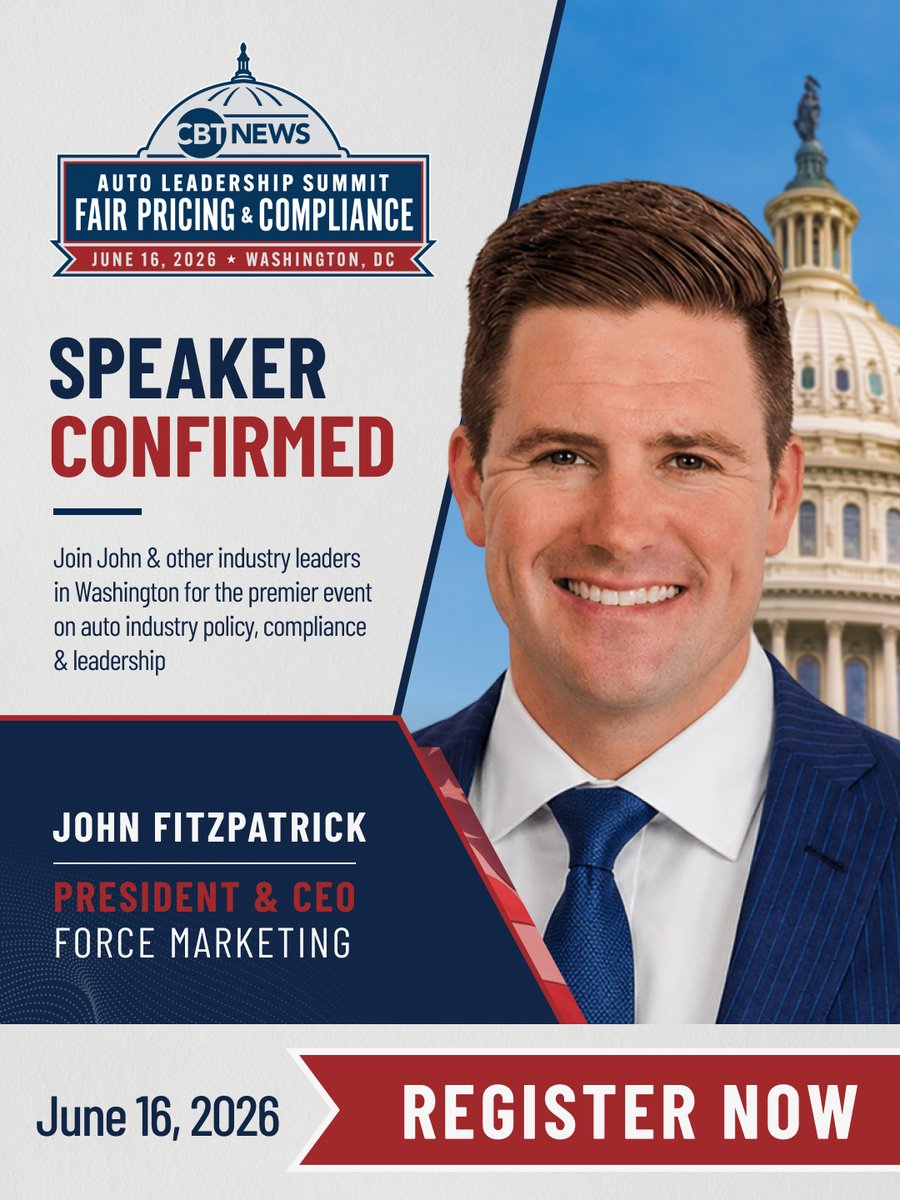 CarBizToday's tweet photo. John Fitzpatrick, President & CEO of @ForceMarketing, is officially joining us at the Auto Leadership Summit!

On June 16th, CBT News is bringing the right people together in Washington, DC to change that.

Dealers. Legal experts. Elected officials. Vendor partners. All in one room, for one day.

Auto Leadership Summit: Fair Pricing and Compliance
📍 Salamander Washington DC
🗓️ June 16, 2026

Learn more & secure your spot today here: https://t.co/Jb1r2GQTy5